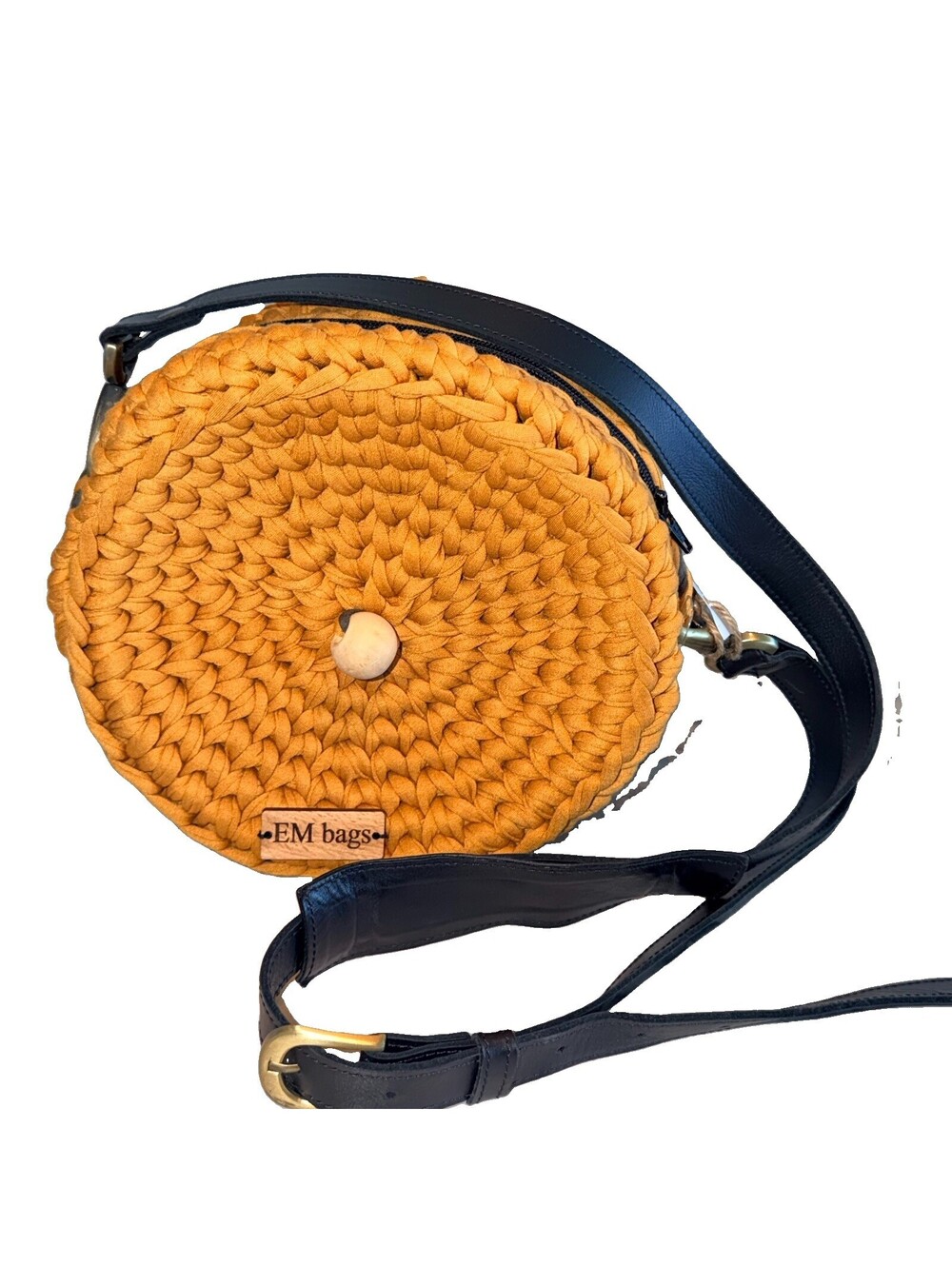Handknit Crochet Round Handbag Crossbody Chunky T Shirt Yarn NEW Harvest Gold